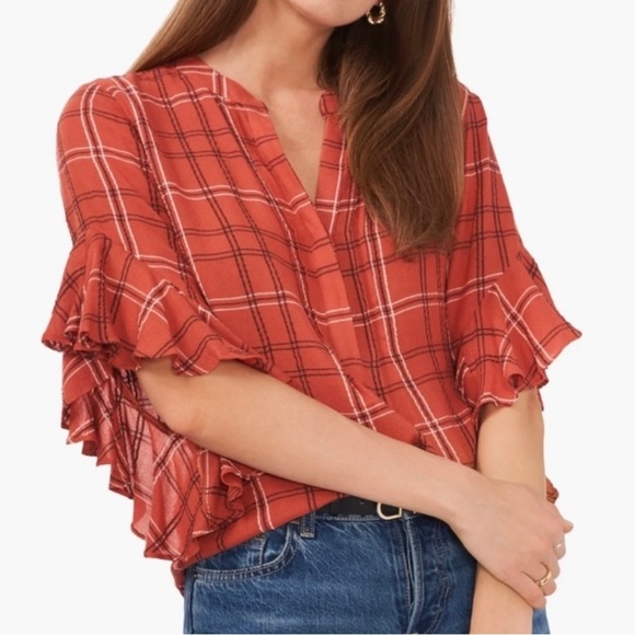 NWT $79 Vince Camuto Women’s Plaid Ruffle Sleeve Shift Size XS Apple Red - Picture 2 of 16